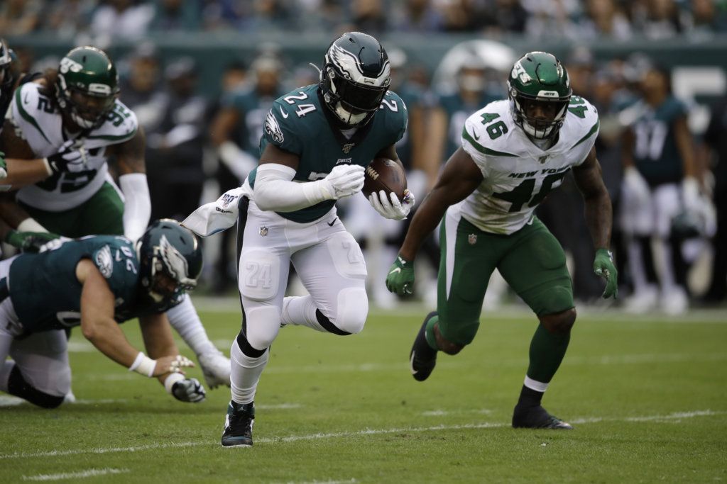 Philadelphia Eagles' Jordan Howard rushes during the first half of an NFL football game against the New York Jets, Sunday, Oct. 6, 2019, in Philadelphia.
