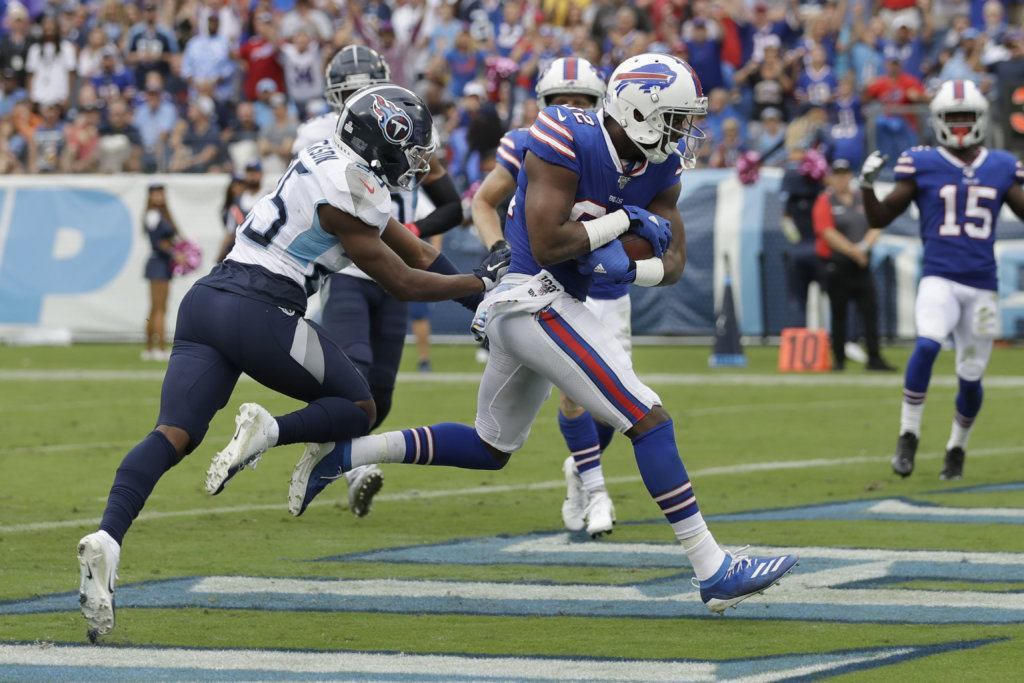 Buffalo Bills wide receiver Duke Williams (82) scores a touchdown on a 7-yard pass play against the Tennessee Titans in the second half of an NFL football game Sunday, Oct. 6, 2019, in Nashville, Tenn.