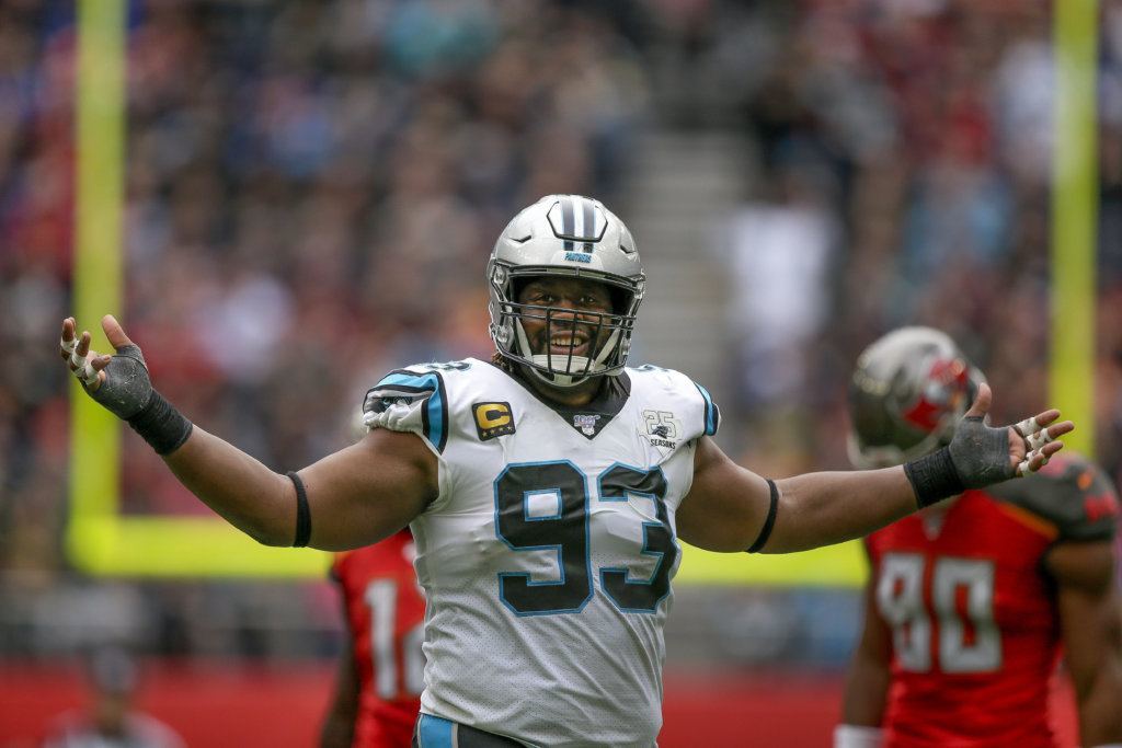 Carolina Panthers defensive tackle Gerald McCoy (93) reacts during the second quarter of an NFL football game against the Tampa Bay Buccaneers, Sunday, Oct. 13, 2019, at Tottenham Hotspur Stadium in London.