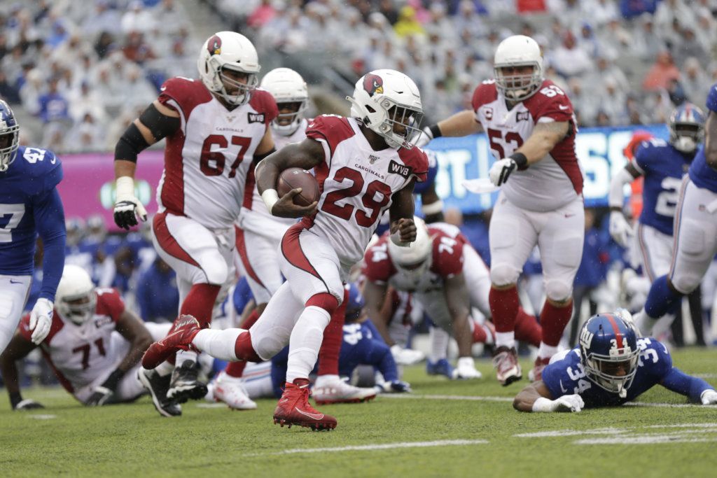 Arizona Cardinals' Chase Edmonds (29) runs the ball during the first half of an NFL football game against the New York Giants, Sunday, Oct. 20, 2019, in East Rutherford, N.J.