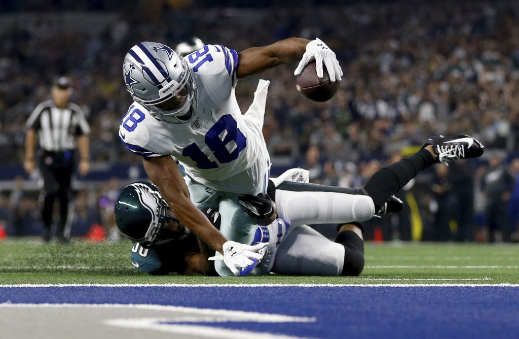 Dallas Cowboys wide receiver Randall Cobb (18) is stopped shy of the end zone after catching a pass by Philadelphia Eagles running back Boston Scott (38) in the first half of an NFL football game in Arlington, Texas, Sunday, Oct. 20, 2019.