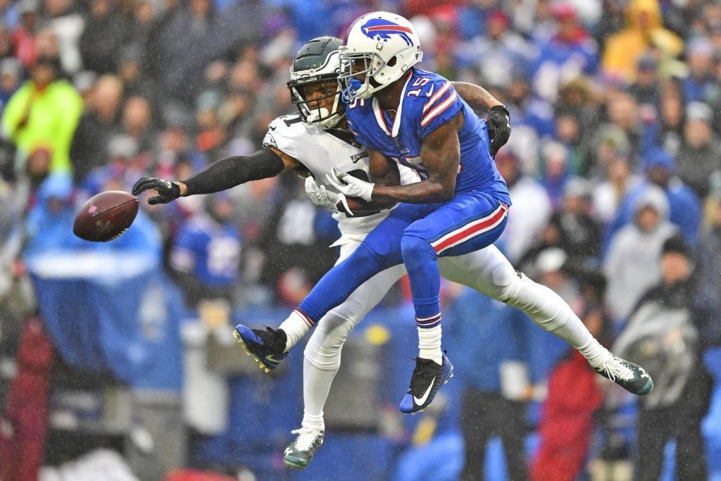 Philadelphia Eagles' Ronald Darby, left, blocks a pass intended for Buffalo Bills' John Brown during the second half of an NFL football game, Sunday, Oct. 27, 2019, in Orchard Park, N.Y.