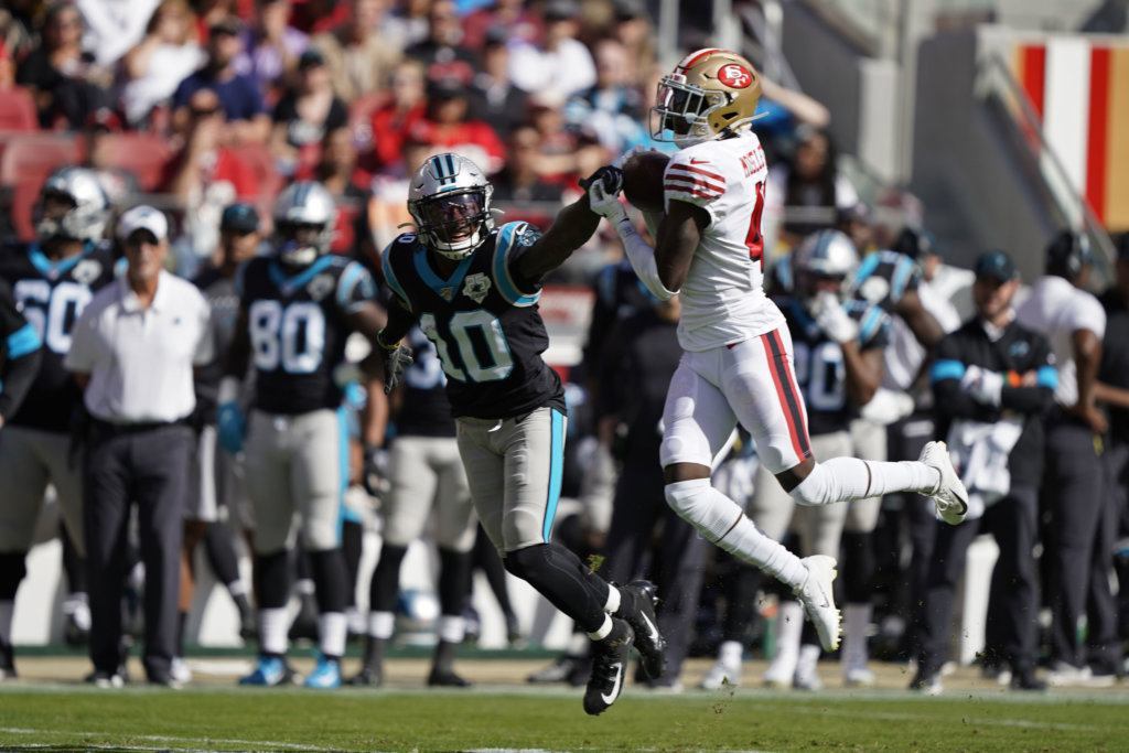 San Francisco 49ers defensive back Emmanuel Moseley intercepts a pass intended for Carolina Panthers wide receiver Curtis Samuel (10) during the first half of an NFL football game in Santa Clara, Calif., Sunday, Oct. 27, 2019.