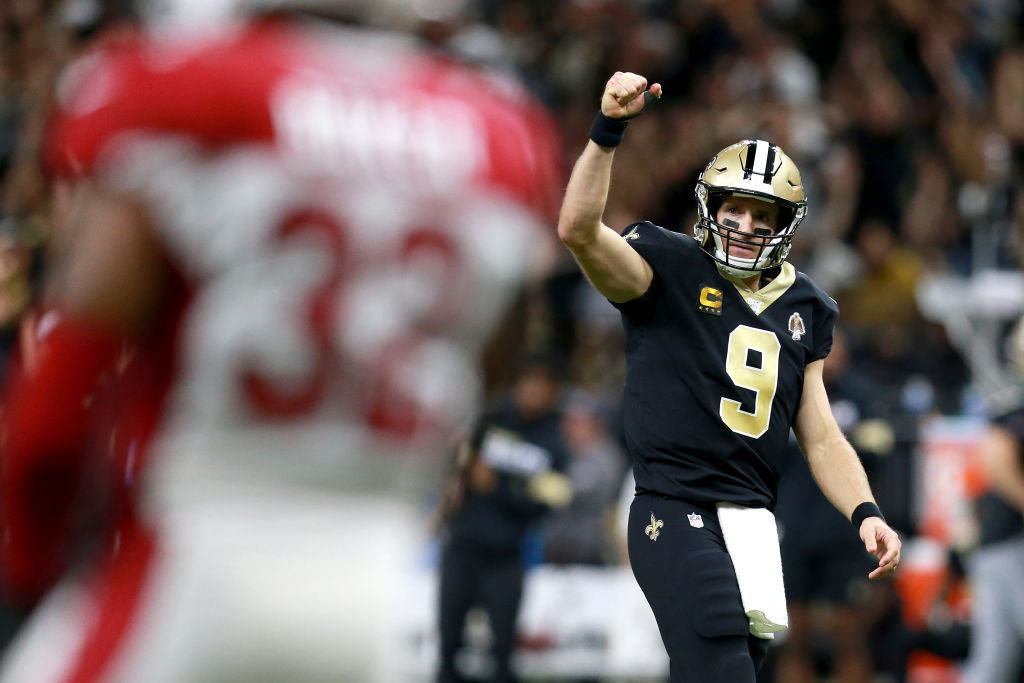 NEW ORLEANS, LOUISIANA - OCTOBER 27: Drew Brees #9 of the New Orleans Saints reacts after throwing a touchdown pass during a NFL game against the Arizona Cardinals at the Mercedes Benz Superdome on October 27, 2019, in New Orleans, Louisiana.