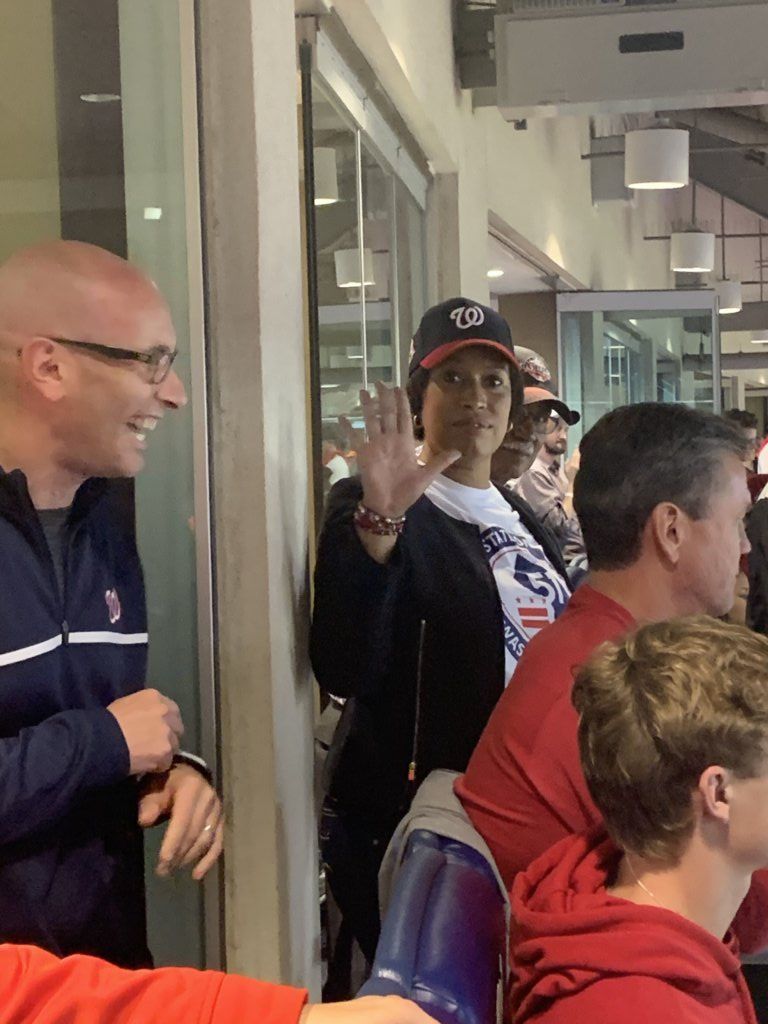 D.C. Mayor Muriel Bowser watches Game 3 of the World Series at Nationals Park.