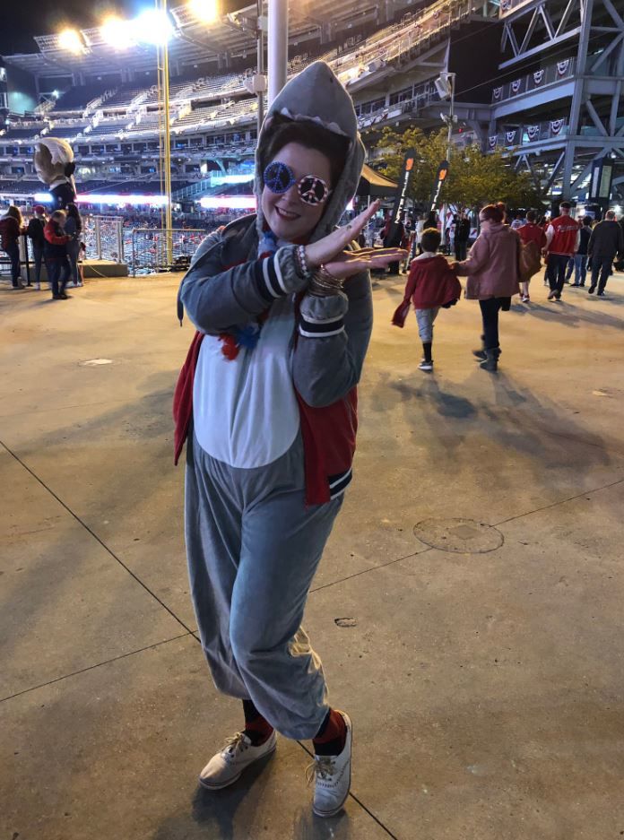 A baseball fan wears a baby shark costume during an NLDS Game 5 watch party on Oct. 9, 2019.