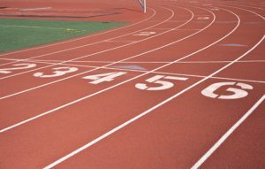 Starting line on red running track