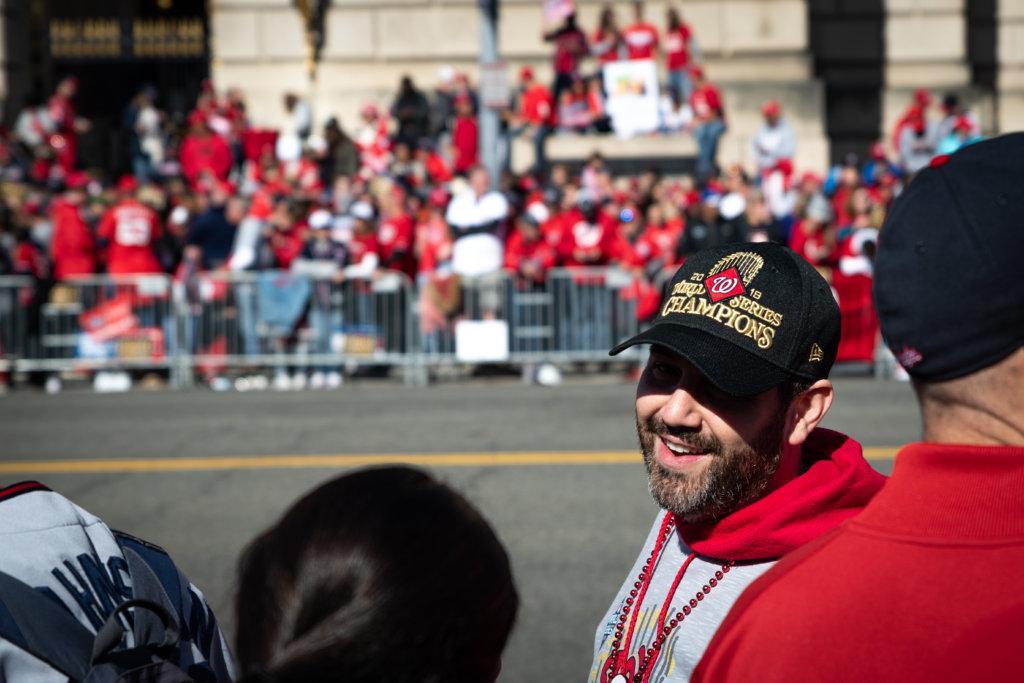 Nationals fans mingle along Constitution Avenue on a cold, but sunny fall afternoon in downtown D.C.