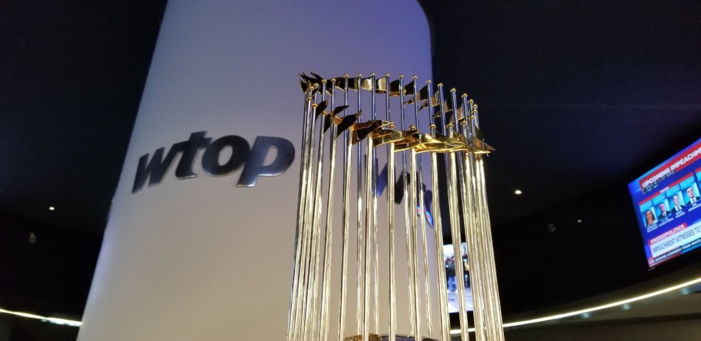 A view of the Commissioner's Trophy in the WTOP newsroom on Monday.
