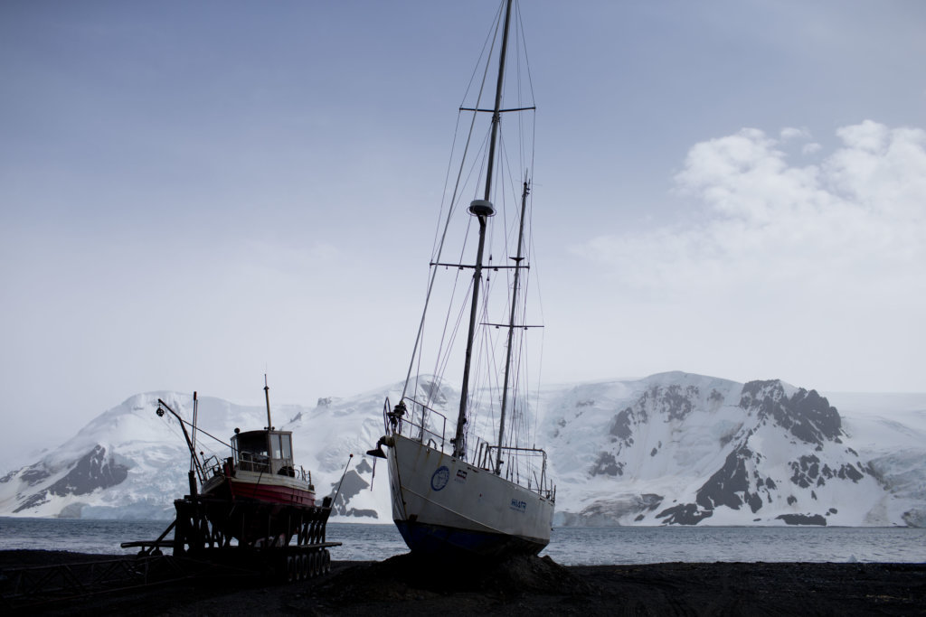 FILE - In this Jan. 27, 2015 file photo, boats sit on the beach at Bahia Almirantazgo, in Antarctica.