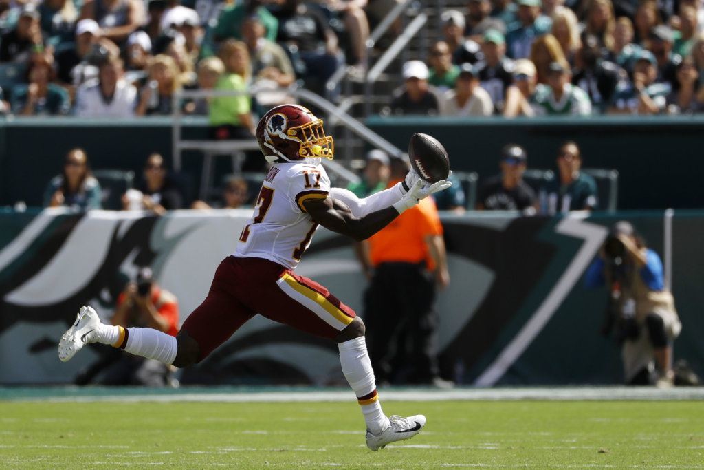 Washington Redskins' Terry McLaurin catches a touchdown pass during the first half of an NFL football game against the Philadelphia Eagles, Sunday, Sept. 8, 2019, in Philadelphia.