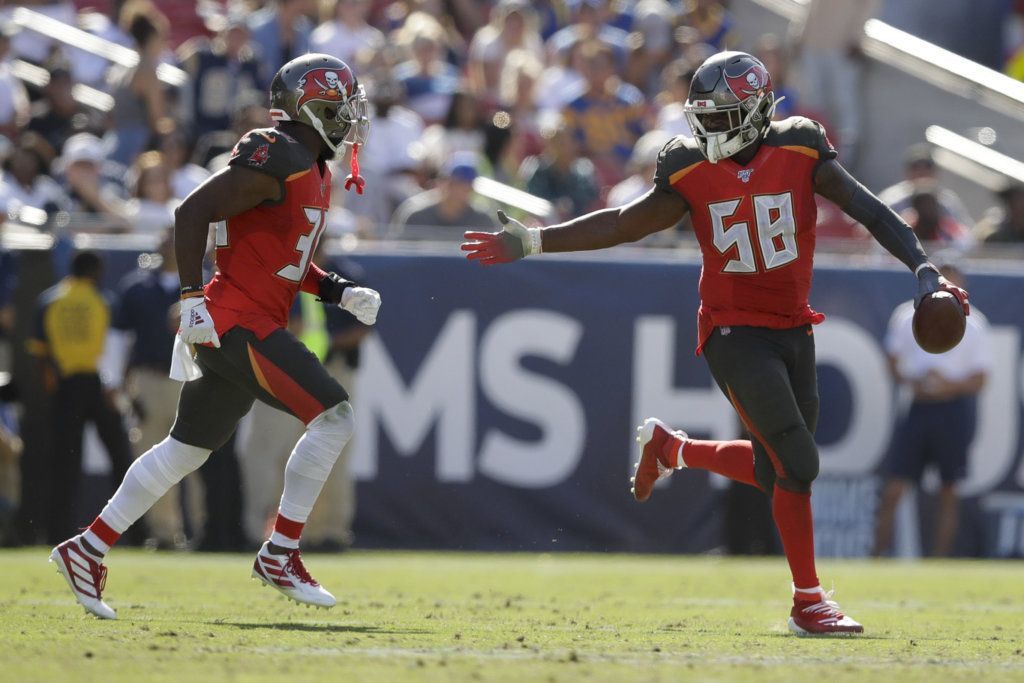 Tampa Bay Buccaneers linebacker Shaquil Barrett (58) celebrates against the Los Angeles Rams during the second of an NFL football game, Sunday, Sept. 29, 2019, in Los Angeles.
