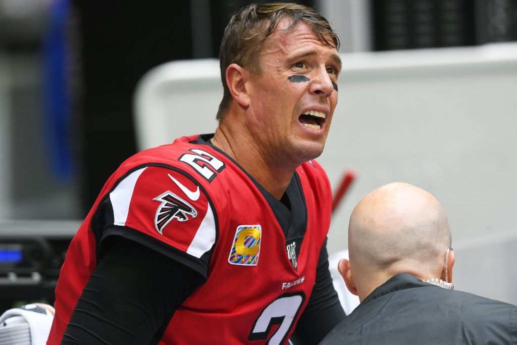 Atlanta Falcons quarterback Matt Ryan reacts as medical personnel attend to him after injury against the Los Angeles Rams during the second half of an NFL football game, Sunday, Oct. 20, 2019, in Atlanta.