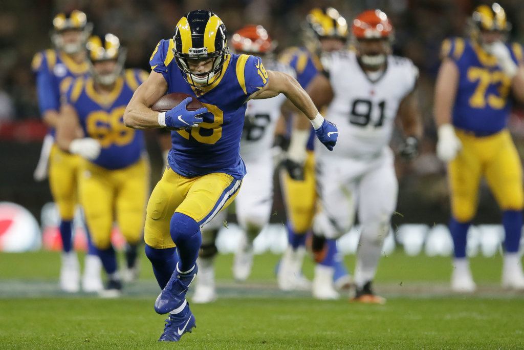 Los Angeles Rams wide receiver Cooper Kupp (18) runs against the Cincinnati Bengals, during the first half of an NFL football game, Sunday, Oct. 27, 2019, at Wembley Stadium in London.
