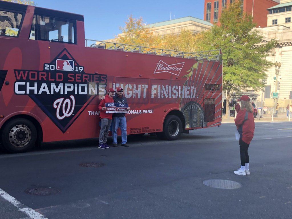 The parade buses are all decked out for the Nats' big day.