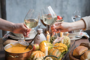 Autumn table setting with pumpkins. Thanksgiving dinner and fall decoration