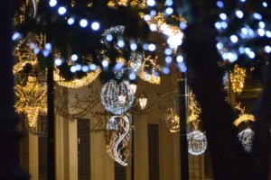 Christmas lights at Seville with Giralda by night