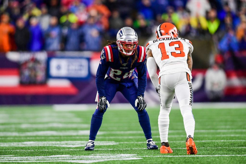FOXBOROUGH, Mass. — OCT. 27: Stephon Gilmore #24 of the New England Patriots defense Odell Beckham Jr. #13 of the Cleveland Browns during a game at Gillette Stadium Oct. 27, 2019, in Foxborough, Massachusetts.