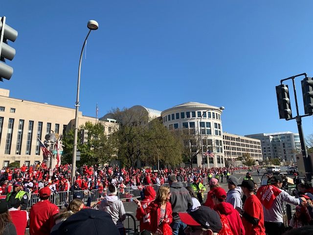 Crowds gather at 3rd and Pennsylvania Ave. ahead of the Nats' parade.
