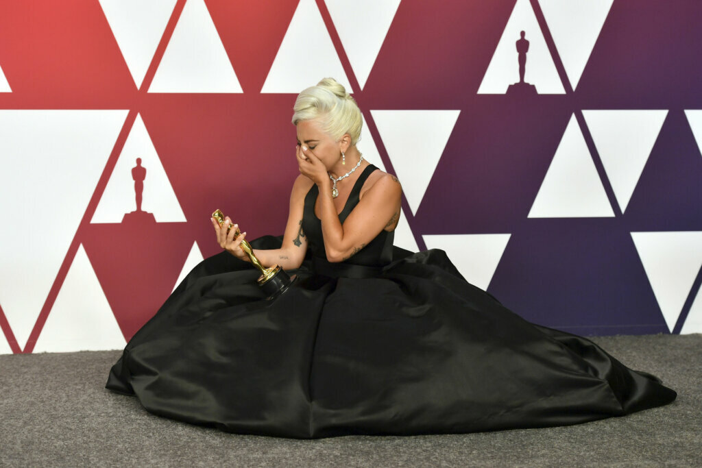 Lady Gaga, winner of the Academy Award for best original song for "Shallow" from "A Star Is Born," gets emotional in the press room during the Oscars at the Dolby Theatre in Los Angeles on Feb. 24, 2019.