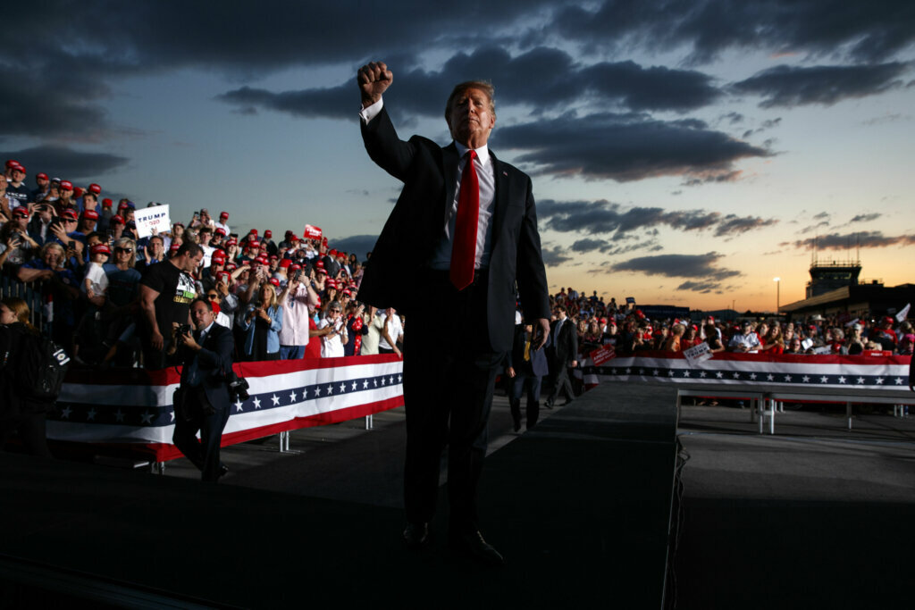 President Donald Trump pumps his fist to the crowd after speaking to a campaign rally in Montoursville, Pa., on May 20, 2019.