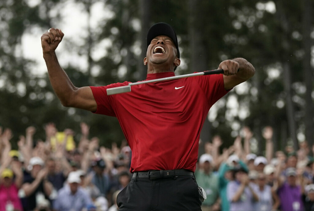 Tiger Woods reacts after winning the Masters golf tournament in Augusta, Ga. on April 14, 2019.