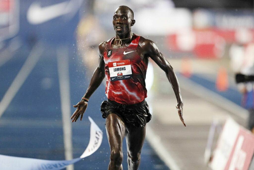 Lopez Lomong wins the men's 10,000-meter run at the U.S. Track & Field Outdoor Championships in Des Moines, Iowa, on July 25, 2019.