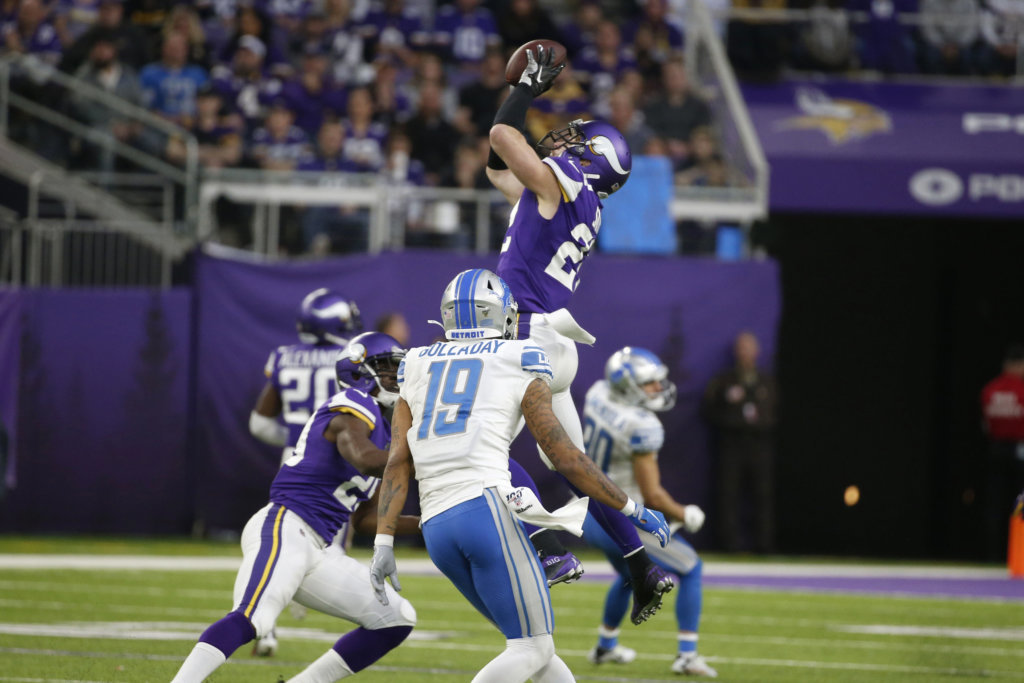 Minnesota Vikings free safety Harrison Smith (22) intercepts a pass during the second half of an NFL football game against the Detroit Lions, Sunday, Dec. 8, 2019, in Minneapolis.