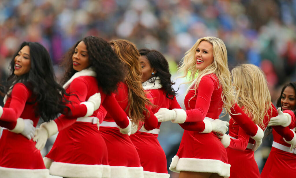 Tennessee Titans cheerleaders in Santa Claus outfits during the second half against the New Orleans Saints in the game at Nissan Stadium on Dec. 22, 2019 in Nashville, Tennessee.