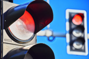 Traffic lights over blue sky