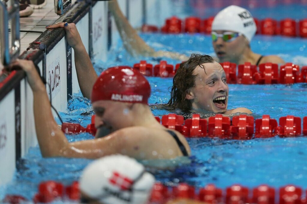 LONDON, ENGLAND - AUGUST 03: Katie Ledecky of the United States reacts after winning the Women's 800m Freestyle Final on Day 7 of the London 2012 Olympic Games at the Aquatics Centre on August 3, 2012 in London, England.