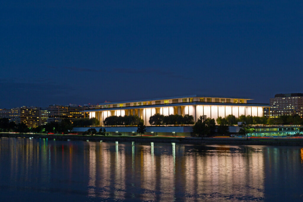 Washington DC night panorama with John F. Kennedy Center for the