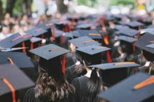 Backside graduation hats during commencement success graduates of the university, Concept education congratulation. Graduation Ceremony ,Congratulated the graduates in University during commencement.