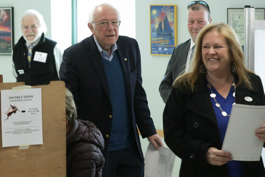 Democratic presidential candidate Sen. Bernie Sanders (I-VT) cast his vote with his wife Jane O'Meara Sanders at a polling place March 3, 2020 at Robert Miller Community Center in Burlington, Vermont. Voters in 14 states are going to the polls on Super Tuesday.