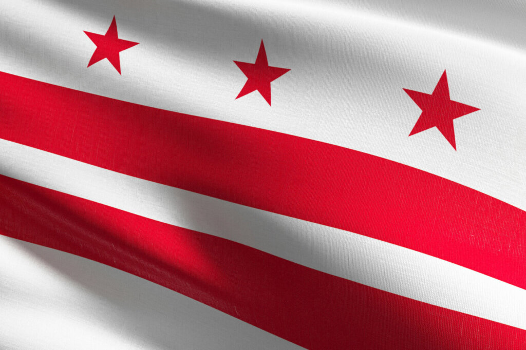 Washington, D.C. state flag in The United States of America, USA, blowing in the wind isolated. Official patriotic abstract design. 3D rendering illustration of waving sign symbol.