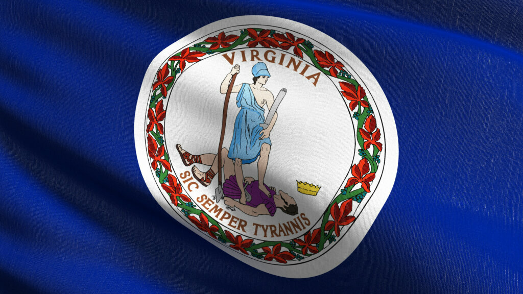 Virginia state flag in The United States of America, USA, blowing in the wind isolated. Official patriotic abstract design. 3D rendering illustration of waving sign symbol.