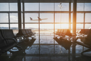 Airport waiting room, flying plane