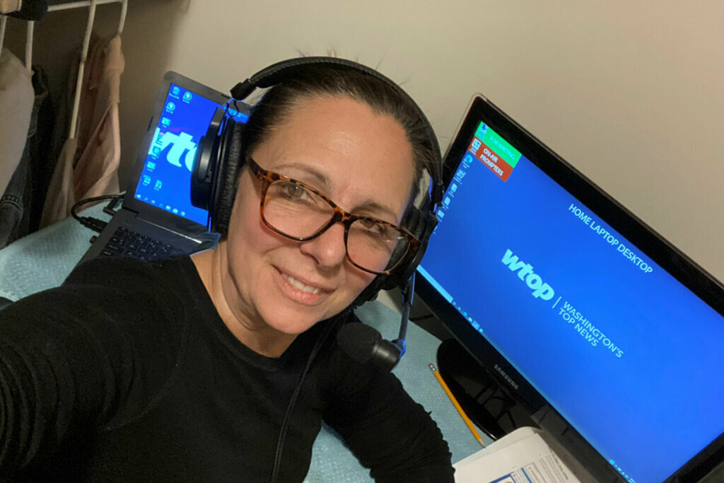 WTOP Morning Drive Anchor Joan Jones is one of WTOP's familiar voices who is working remotely. She has retrofitted a closet. She communicates with her editor back at the studio by cellphone and an intercom system. (WTOP/Joan Jones)