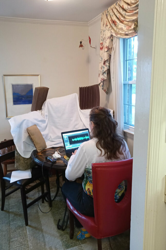 WTOP reporters, including Kristi King, work from home. The cushions and other items facing Kristi are used when she goes live on the air and when she records. If not for these creative sound barriers, King would sound hollow or like she was speaking from inside a "tin can." (WTOP/Kristi King)