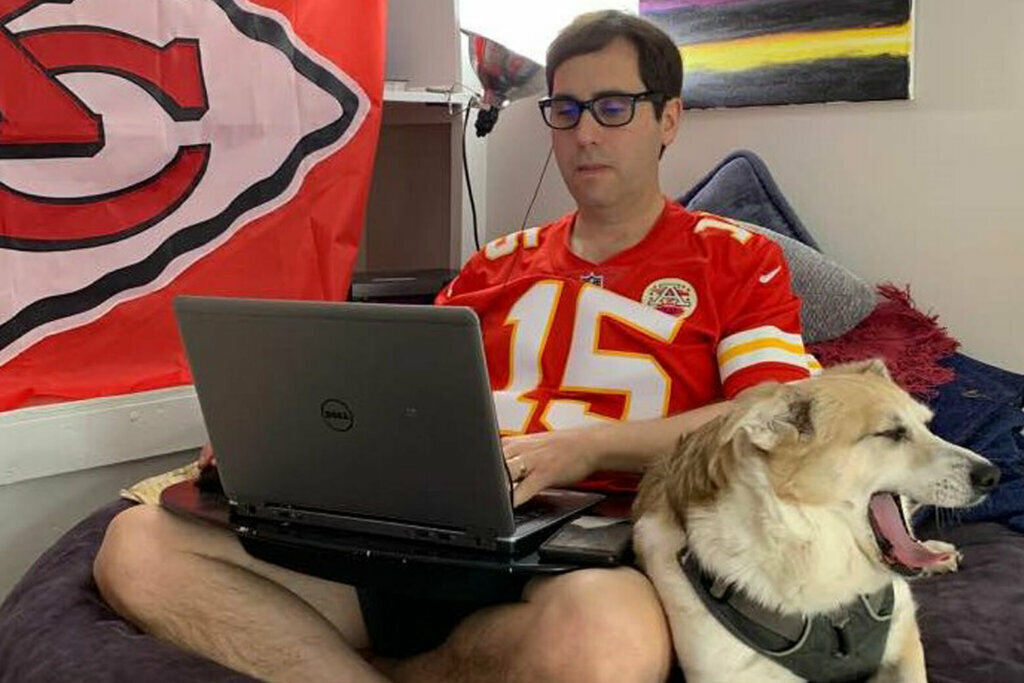 WTOP Writer/Digital Editor Jack Pointer divides his time during the week either writing for the afternoon drive anchors from his sofa or writing and editing web articles. His dog Matilda is bored with having him around so much. (WTOP/Jack Pointer)