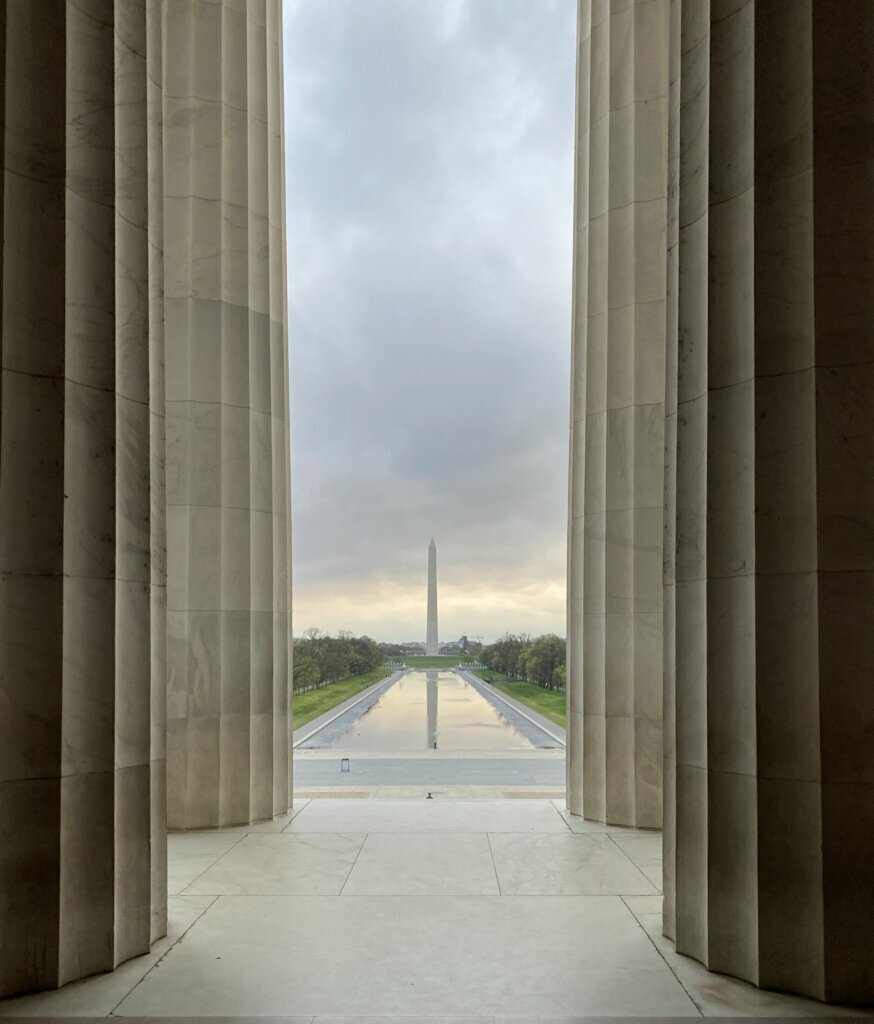 One of Kevin Brennan's favorite is this classic shot from the Lincoln Memorial. "I stood at the tops of the Lincoln Memorial and had a shot. You know, that classic shot straight through the columns and down the Reflecting Pool, with a monument in the background. And there were some low-hanging clouds and the sun hadn't quite come up yet. And that was really amazing," Brennan said. (Courtesy Kevin Brennan)