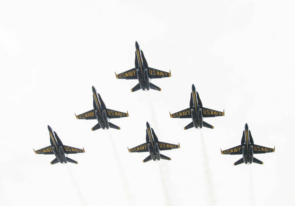 The U.S. Navy Flight Demonstration Squadron, the Blue Angels conduct an unannounced flyover in Annapolis, Maryland, in honor of the United States Naval Academy Class of 2020. (Courtesy Debbie Latta via USNA)