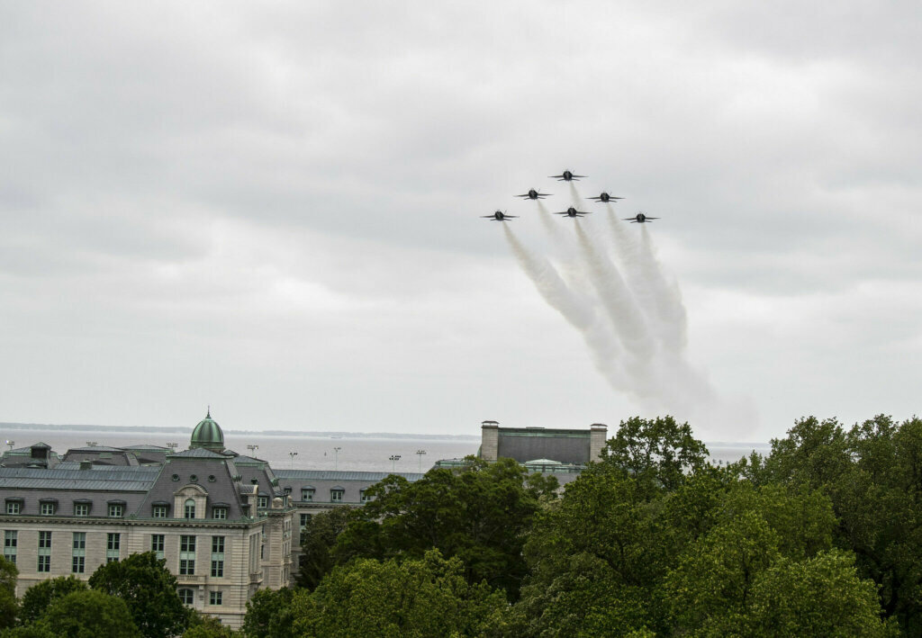 The U.S. Navy Flight Demonstration Squadron, the Blue Angels conduct an unannounced flyover in Annapolis, Maryland, in honor of the United States Naval Academy Class of 2020. (Courtesy Debbie Latta via USNA)