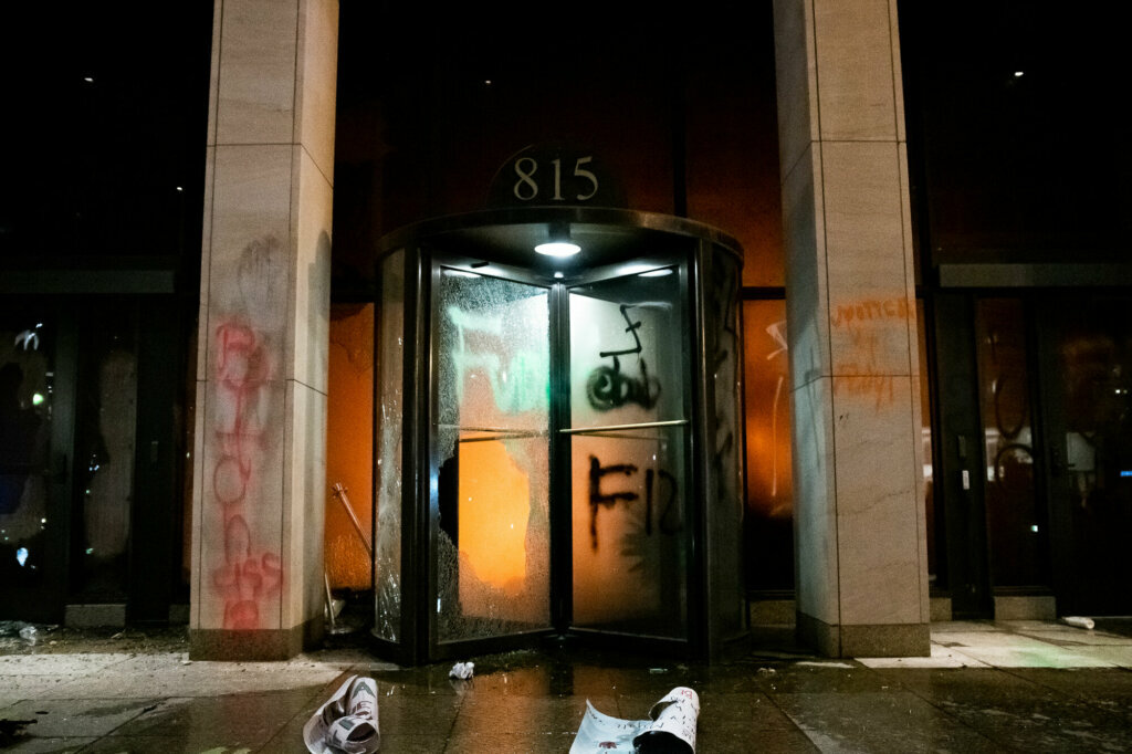 The headquarters of the AFL-CIO, the country's largest conglomerate of trade unions, saw its lobby broken into and firebombed as protests devolved into widespread vandalism and looting throughout downtown D.C. on the night of May 31. Though contained by sprinklers, the fire resulted in over $1 million in damages. (WTOP/Alejandro Alvarez)