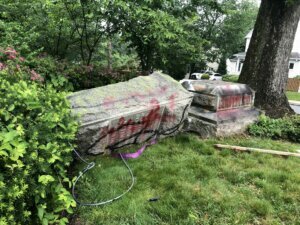A monument marking the graves of 17 Confederate soldiers was spray painted and toppled at Grace Church in Silver Spring, Maryland.