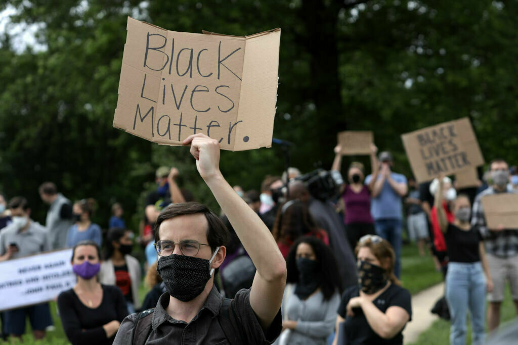 Demonstrators stage a protest near the Saint John Paul II National Shrine, where President Donald Trump planned a visit, in response to the death of George Floyd while under police custody June 2, 2020 in Washington, D.C.