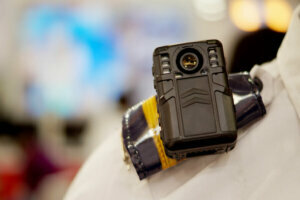 Close up of a Body cam, audio/video recording equipment on Police officer
