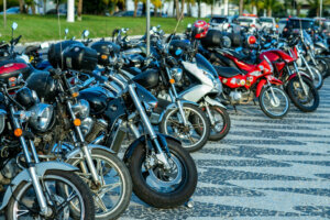 Several parked motorcycles.