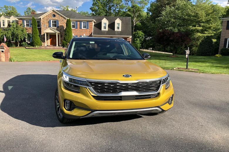The Kia Seltos features LED headlights, an integrated LED light bar below the headlights and even fog lights lower on the front fascia. (WTOP/Mike Parris)
