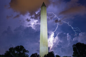 Lightning bolt strikes over the Washington Monument in D.C.